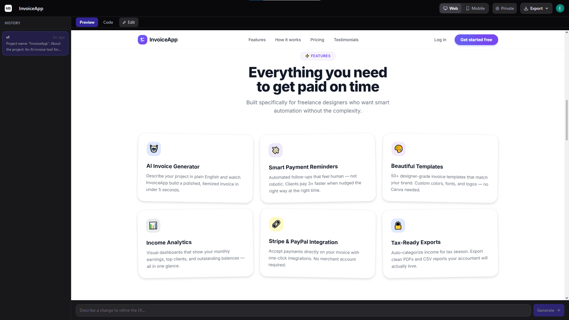 MillionBuilds dashboard interface showing AI website builder features