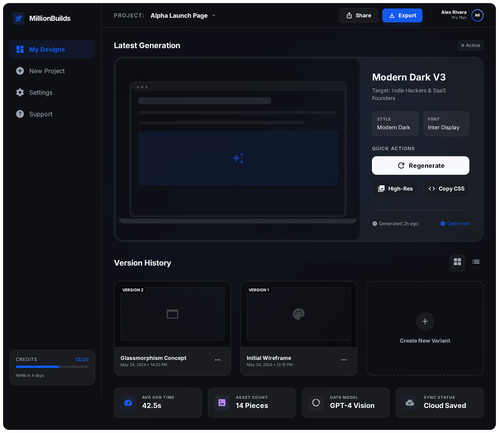 MillionBuilds dashboard interface showing AI website builder features